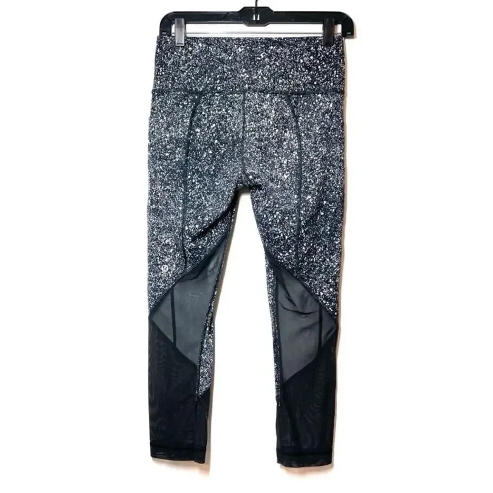 Lululemon Womens Leggings 6 Black White Pace Rival Crop Marathon Splatter Run